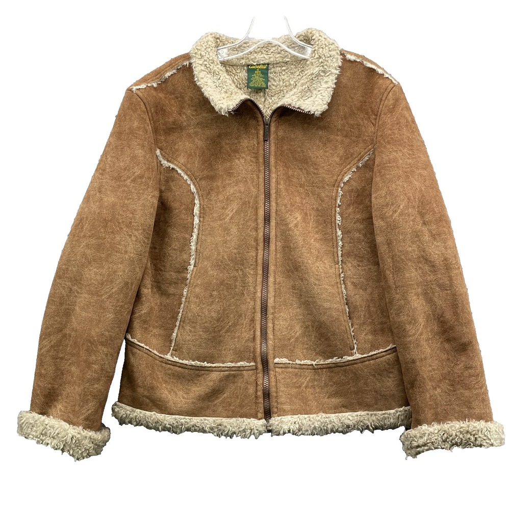 VTG Cabela's Shearling Jacket Women Med Suede Faux Fur Sherpa Outdoor Work Rodeo